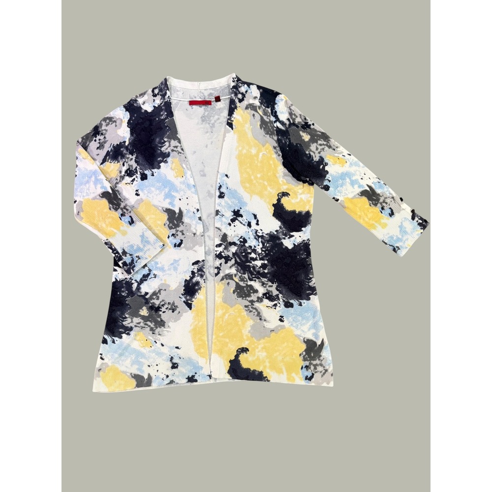 RED Abstract Floral Open Front Cardigan Medium Yellow Blue Black